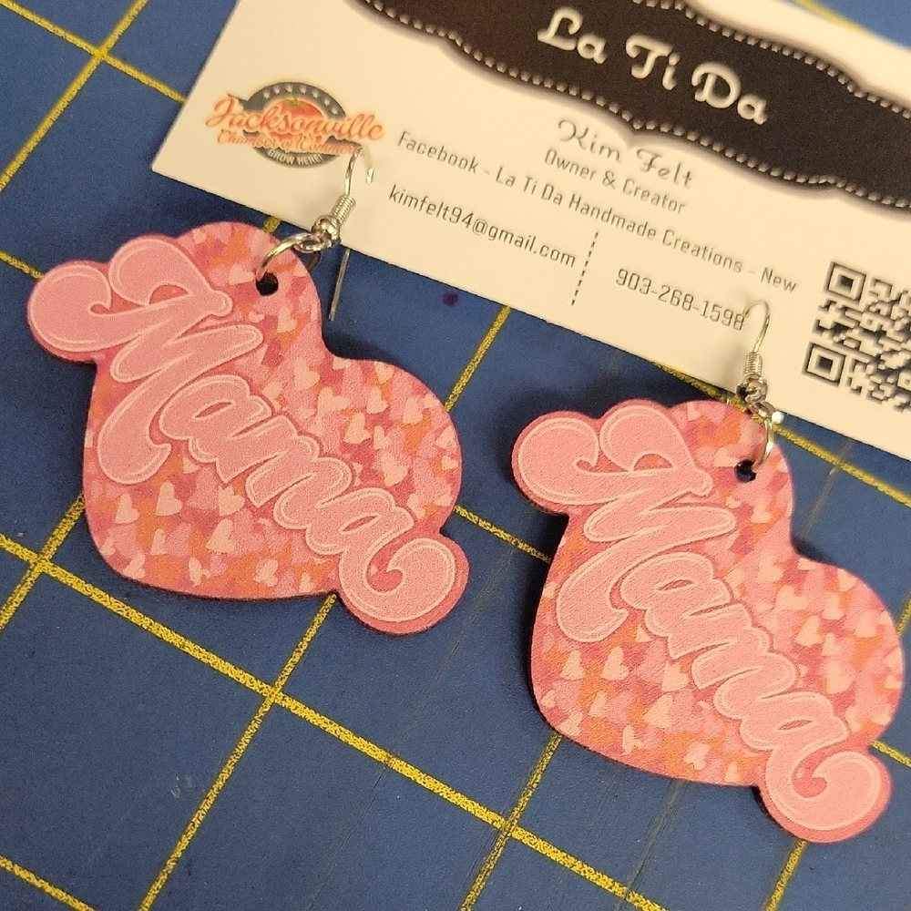 Pink Heart 'Mama' Wood 1 5" Earrings